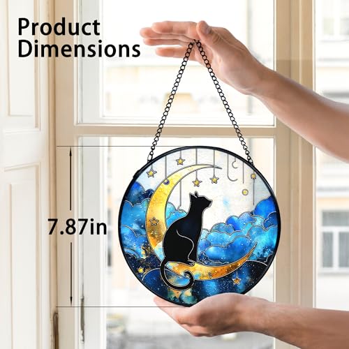 Black Cat on Moon Stained Glass Window Hanging - Celestial Sun Catcher, 7.9 Inches
