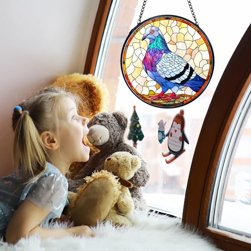 Stained Glass Bird Sun Catcher - Pigeon Window Decor with Metal Frame, 7.9 Inches