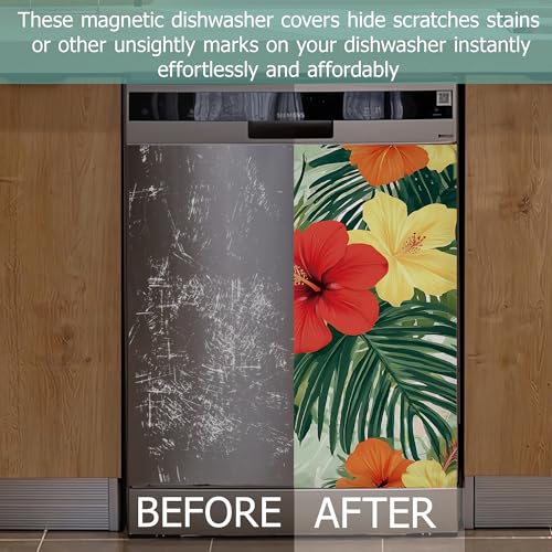 Tropical Flowers Magnetic Dishwasher Cover - Summer Palm Leaves Refrigerator Decor 23x26 Inch - Variation of This Listing