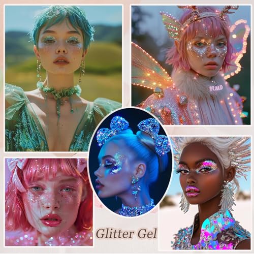 Chunky Face & Body Glitter Gel Set - Multi-Color Sequin Makeup for Festivals & Performances - White, Silver, Pink, Red, Green