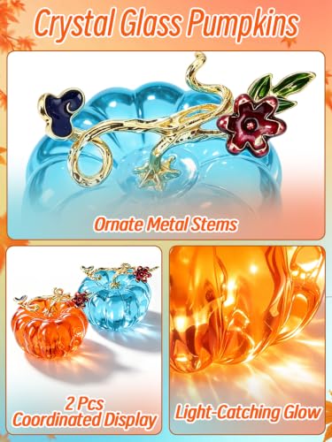 Small Crystal Glass Pumpkins for Fall Decor - Orange & Blue, 2 Pcs