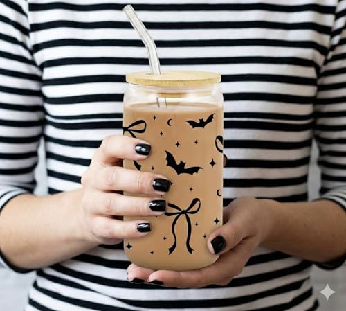 Halloween Glass Cup 16 Oz Bat Tumbler with Ghost Straw Topper - Black Bat Variation