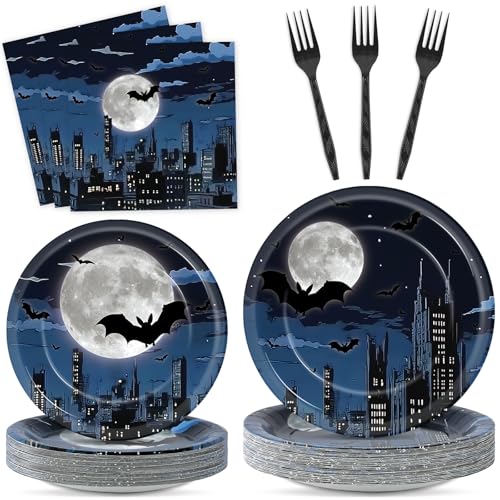 Night Bat Theme Party Plates Napkins & Forks Set - Kids Hero Birthday Decor