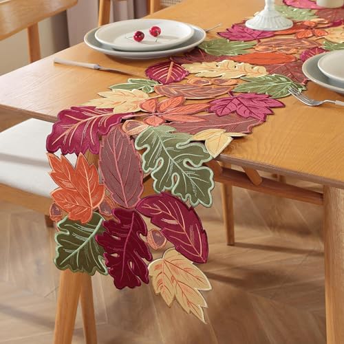 Fall Table Runner with Embroidered Maple Leaves - 36 Inches Long - Red & Green