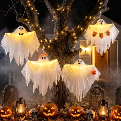 Lighted Hanging Ghost Decorations with Timer - Ghosts with Ornaments Halloween Set