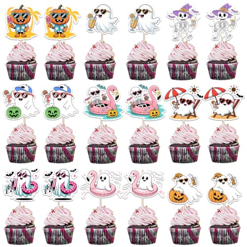 36 Pcs Summer Halloween Cupcake Toppers - Ghost Beach Cake Decorations for Parties