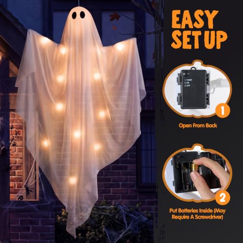 35-Inch Light Up Halloween Ghost Decor Set with Timer for Outdoor & Indoor Spooky Decorations
