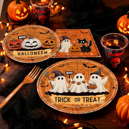 Halloween Ghost Pumpkin Disposable Plate Set - Trick or Treat Party Supplies, Serves 24 - Variation: Ghost Pumpkin