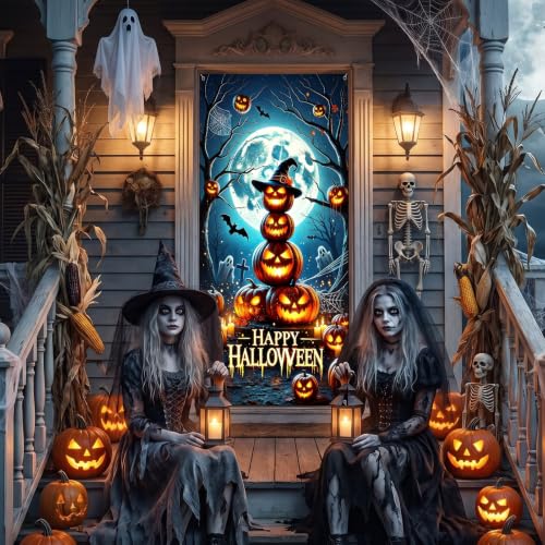 Halloween Door Cover Pumpkin 80x36 Inch Scary Front Door Banner Polyester Fabric