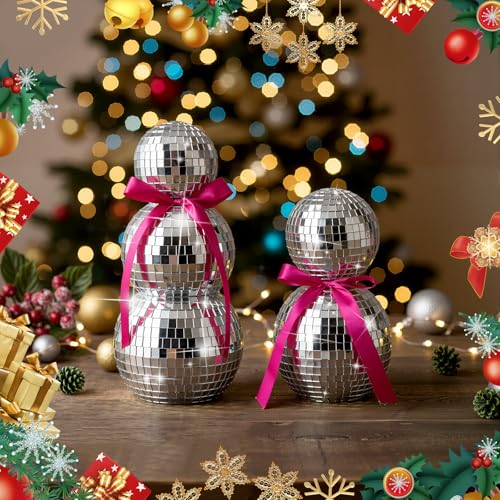 Disco Snowman Decor Set - 8.5 Inch & 6.7 Inch Glitter Mirror Ornaments for Winter & Holiday Parties