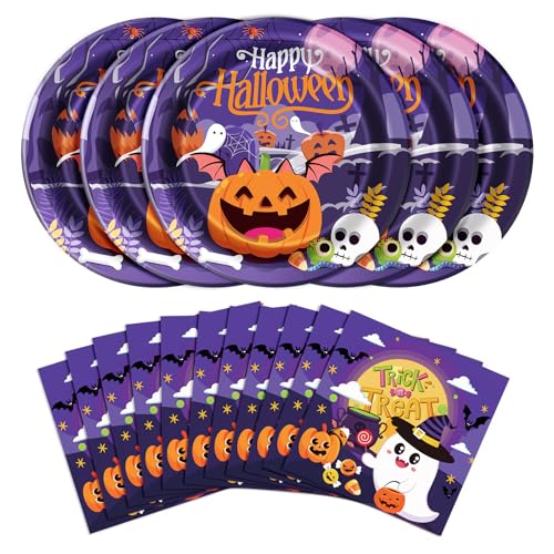 Halloween Paper Plates and Napkins Set - 50 Pieces, Festive Pumpkin & Ghost Design