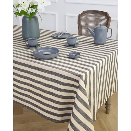 Black & Natural Linen Tablecloth 60 x 90 Inches Sorrento Stripe - Handcrafted European Flax