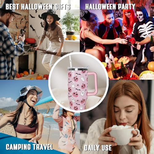 Halloween 40oz Ghost Tumbler with Handle & Straw - Pink & White Spooky Bat Leak-Proof Drinkware