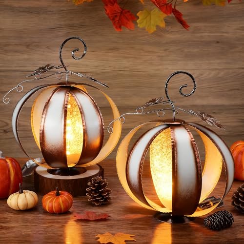 2 Pack Fall Solar Metal Pumpkin Decor with LED Light - Outdoor Thanksgiving Yard Art