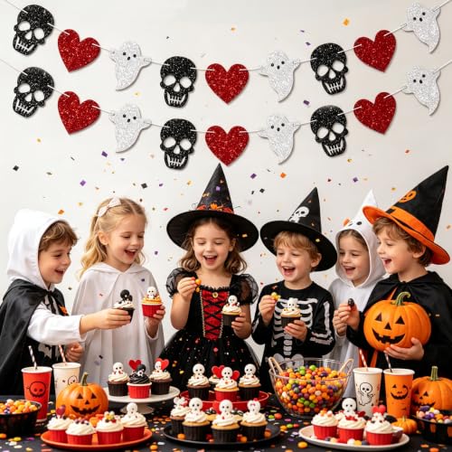 Halloween Skull Ghost Garland Set - Black & Red Gothic Party Decorations