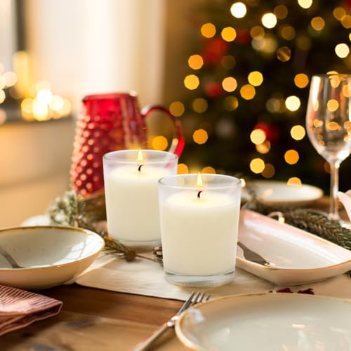 White Votive Candles Set with Clear Glass Holders - Unscented Soy Wax - 12 Pack