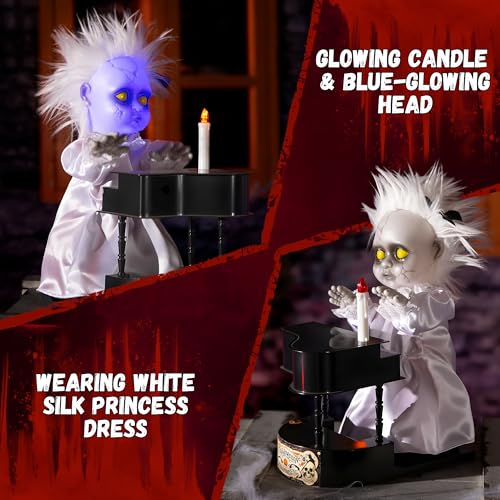 Halloween Animatronic Decor - Creepy Doll with Piano, Light Up Face & Sound Activation - 13.7'' Haunted House Prop - Variation: Animated Piano-Playing Doll