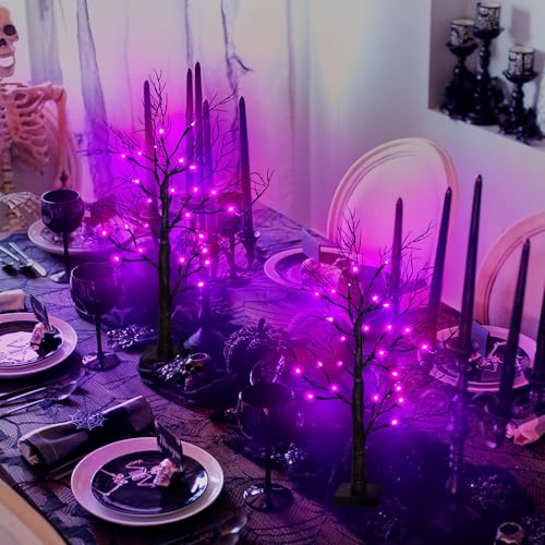 2 Pack Halloween Tree Lights - Purple LED 24-Inch Spooky Decor with Timer & USB