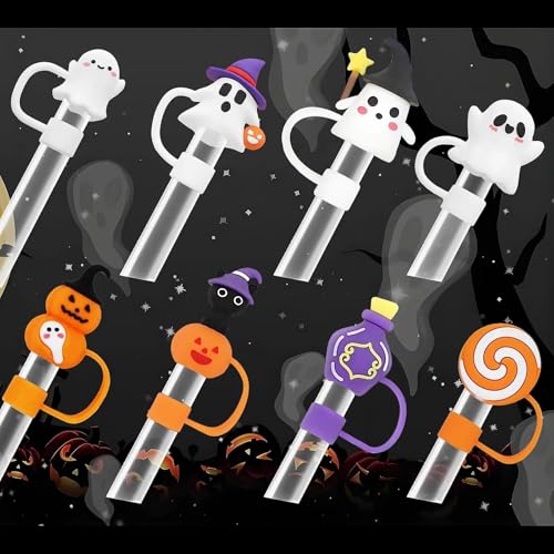 Halloween Drinking Straw Covers Set - 8 Silicone Toppers for Tumblers