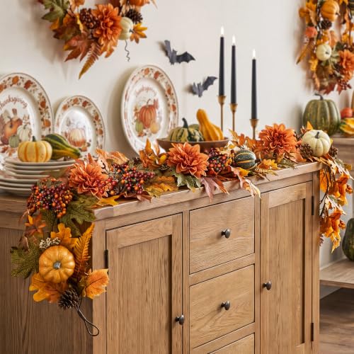 Fall Garland with Maple Leaves, Pumpkins & Pine Cones - Style 1 - 6 Ft Autumn Decor