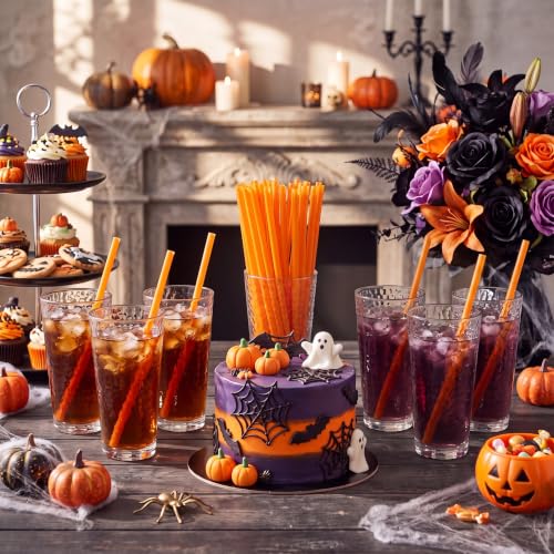 Halloween Plastic Pumpkin-Shaped Drinking Straws - Orange, 150 Pcs - Potchen