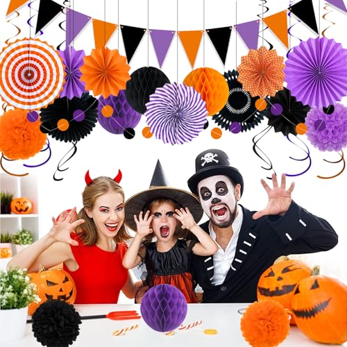 Purple Halloween Party Decorations Kit - Paper Fans Pom Poms Banner & More
