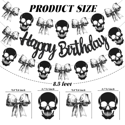 Gothic Birthday Banner Black Skull and Bow Spooky Party Decor