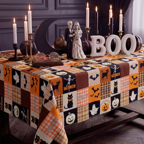 Halloween Spooky Black Cat Bat Pumpkin Tablecloth - 60x84 Inches - Festive Decor