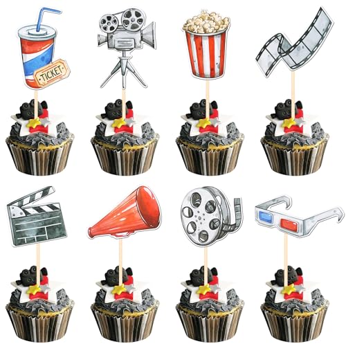 Movie Night Double Sided Cupcake Toppers - Design 5, Hollywood Party Decorations, 40 pcs