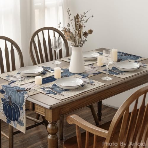 Navy Blue Pumpkin Fall Placemats Set of 4 - 12 x 18 Inches, Rectangular