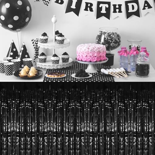 Black Foil Fringe Table Skirt Set - 2 Pack 29.5x108 Inch for Party Decor