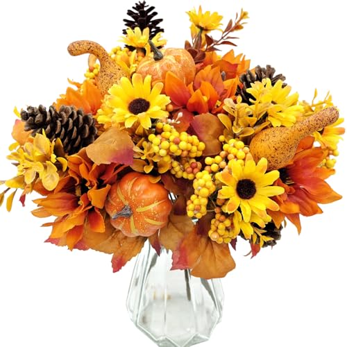 Artificial Fall Flowers Bouquet with Pumpkins and Pinecones - Silk Autumn Decor
