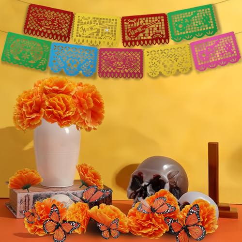 Day of the Dead Decorations Set - Orange 71 Pcs with Marigolds, Banners & Butterflies