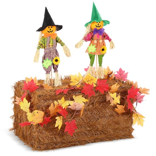 Fall Thanksgiving Hay Bales Set with Scarecrow & Maple Leaf Garland - Weatherproof Decor
