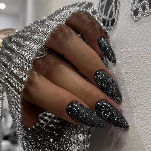 Press On Nails - Medium Stiletto Fake Nails with Goth Black Glitter Design, 24 pcs - Variation 06906Black