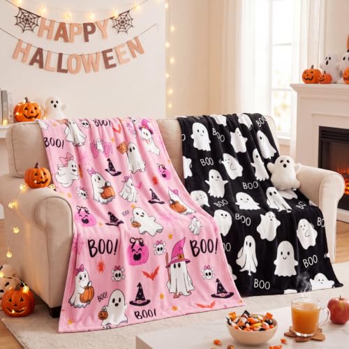Halloween Ghost Throw Blanket Set - Black and Pink Boo Ghost Flannel 50x60 Inches, Cozy Halloween Decor for Couch and Bed - 2 Pack