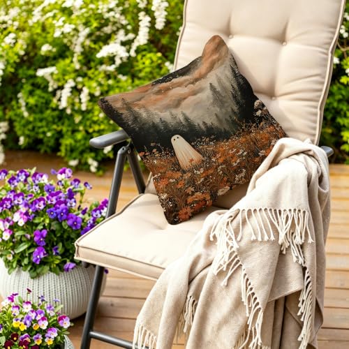 Halloween Ghost Mountains Throw Pillow Cover 18x18 in - Fall Flowers Variation