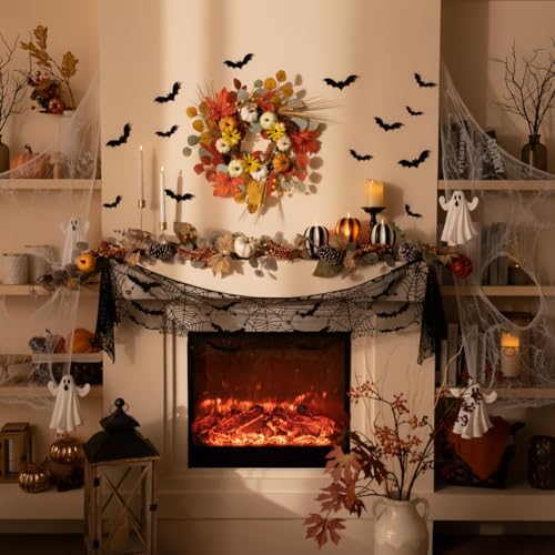 18-Inch Fall Halloween Wreath with Lights & Timer - White, Green, Brown
