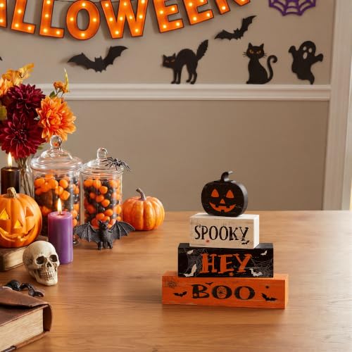 Halloween Wooden Block Decor Set - Spooky Boo Variant, Jack-O'-Lantern Pumpkin