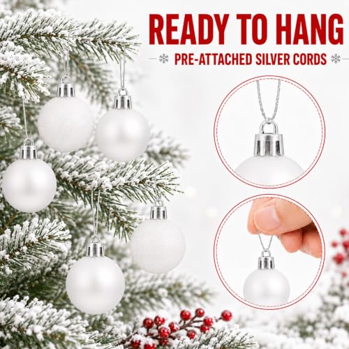 White Christmas Tree Ornaments Set - 24 Small 1.57 Inch Holiday Decorations