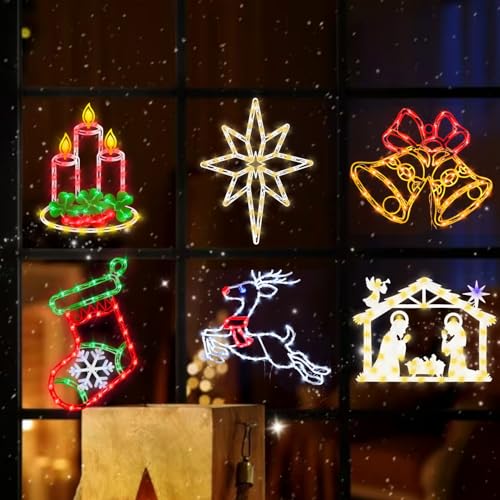 16-Inch Christmas Window Silhouette Lights Decorations - Reindeer & Bell & Nativity & Candle & Stocking & Bethlehem Star