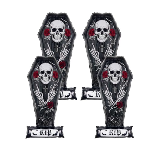 Halloween Coffin Balloons Set with RIP Base - Large Skeleton Foil Decor