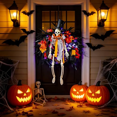 Halloween Skeleton Wreath for Front Door with Lights - 28 Inch Orange Variation