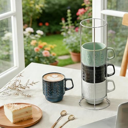 KOOV Ceramic Coffee Mug Set with Stand - Blueset, 16 oz Large Stackable Drinkware