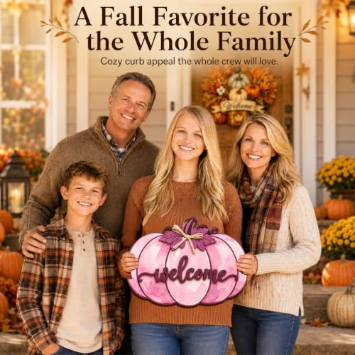 Pink Fall Pumpkin Door Hanger Wooden Welcome Sign for Home Decor - DIENGDAED