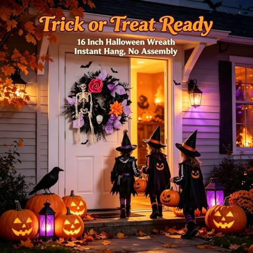 Halloween Skeleton Wreath for Front Door - 18-Inch Haunted House Decor - Variation A