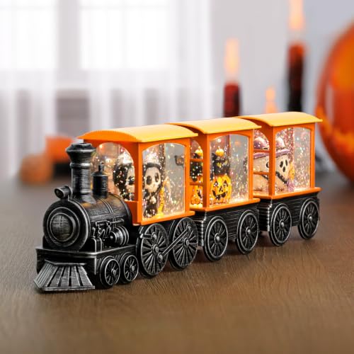 Halloween Snow Globe Lantern with Skeleton, Train Scene, Timer, Indoor Decor - Halloween Train Variation
