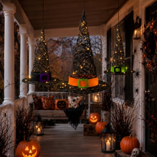 Lighted Halloween Rattan Witch Hat Table Decor Set with Belt - 3 Sizes