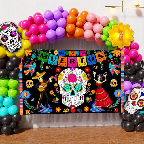 Dia De Los Muertos Balloon Arch Kit with Large Backdrop Banner - 162PCS Halloween Fiesta Decor
