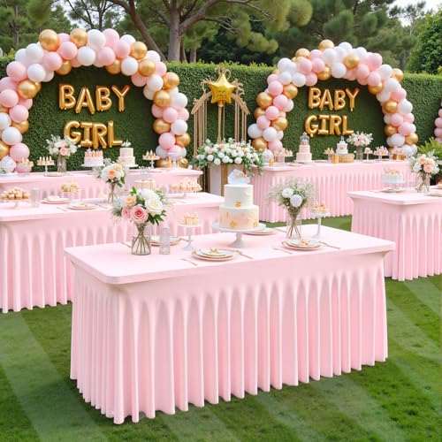 Pink Spandex Rectangle Tablecloth 6ft Pack - Elastic Fitted Cover with Skirt, 72x30 Inches, Pink